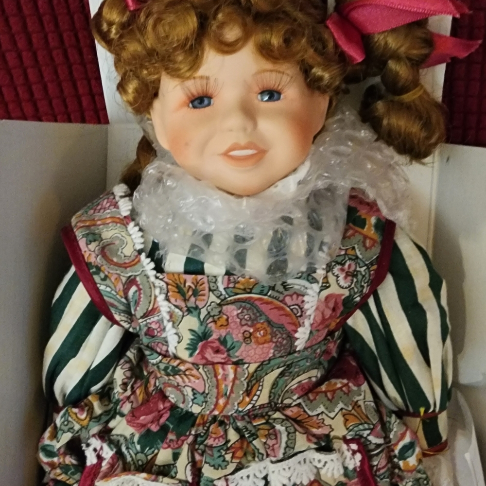 Porcelain Doll in Floral Paisley Dress with Green Striped Sleeves